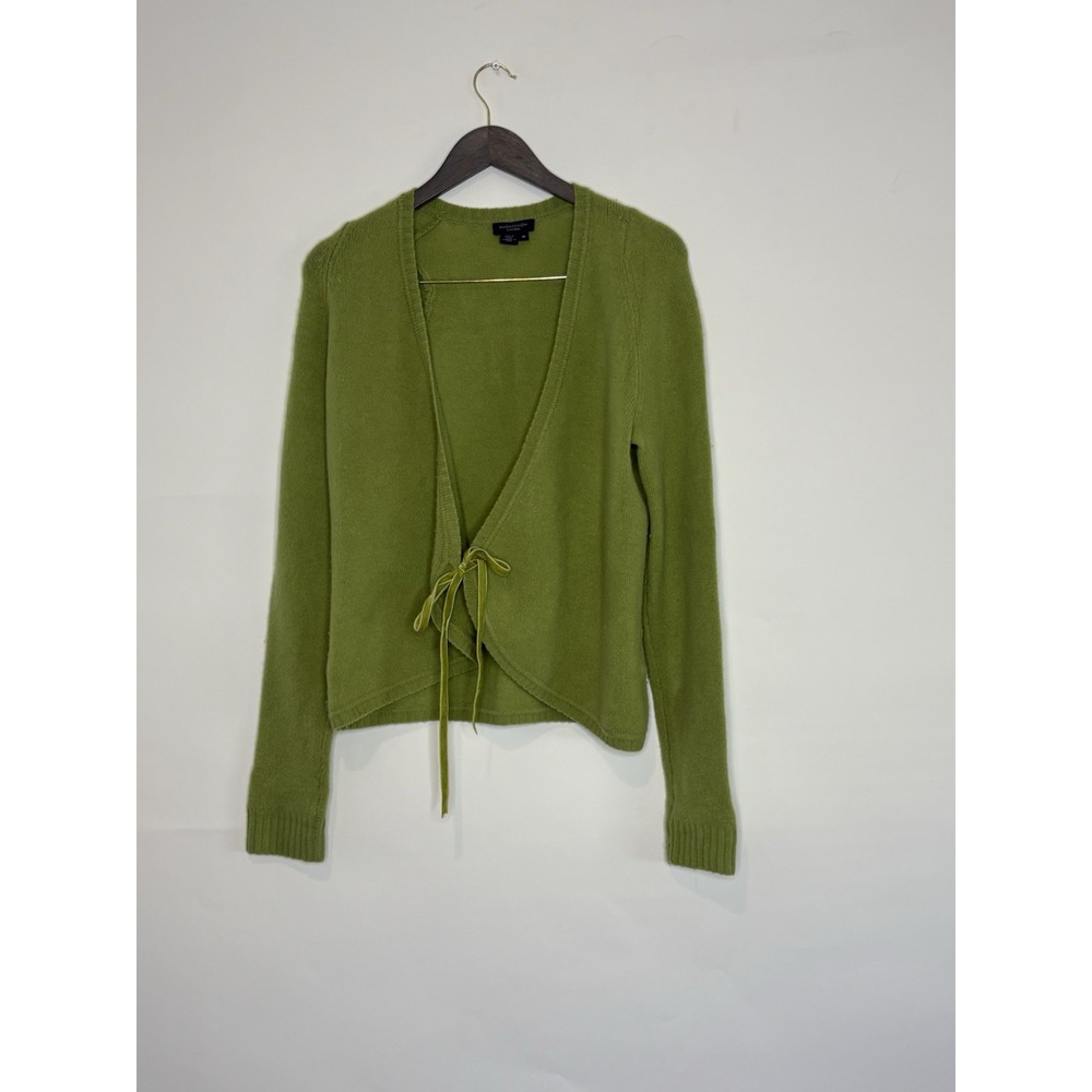 Magaschoni Womens Medium 100 Cashmere Velvet Tie Front Cardigan Chartreuse Green